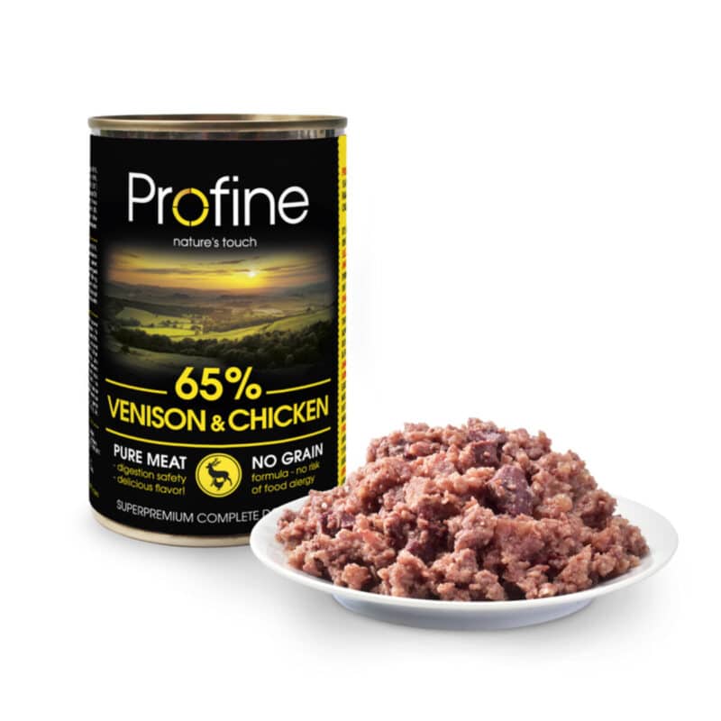 Contenido de la lata Profine Venado y Pollo: paté con 65% de carne